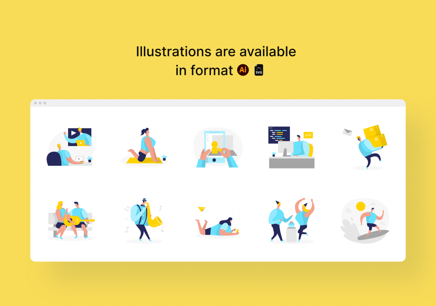 Colorful character illustrations showing people working, coding, collaborating in AI plus SVG formats