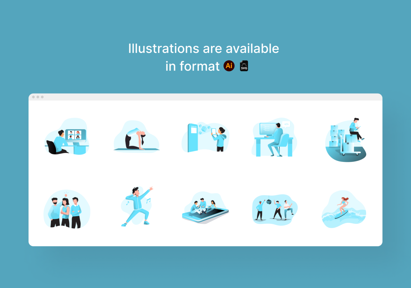 Grid of 10 flat illustrations showing people doing work, wellness, fitness, collaboration in turquoise tones