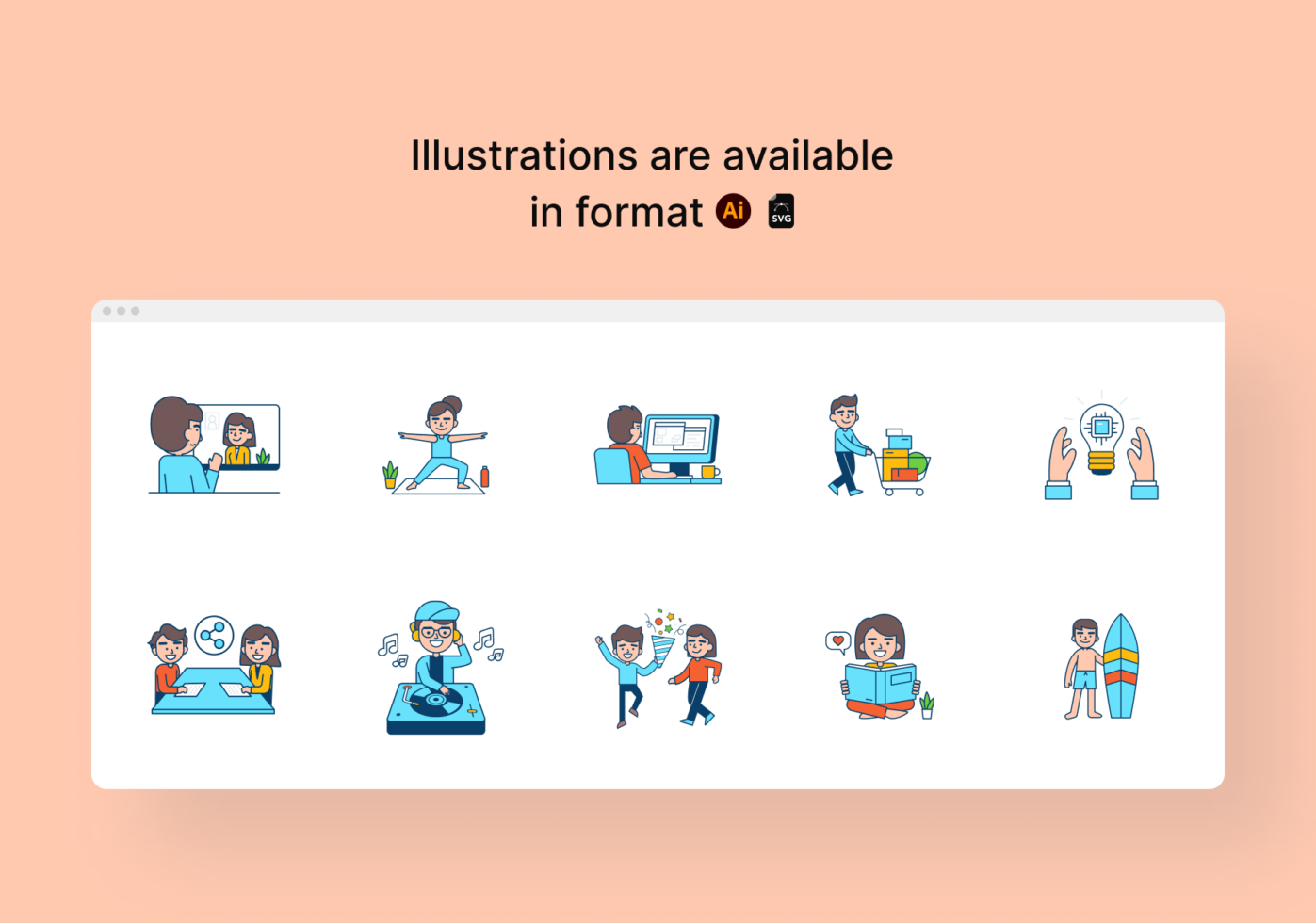 Colorful character illustrations showing people doing everyday stuff like shopping, working, partying, reading