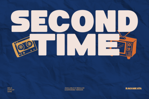Bold retro display sans typeface with boombox cassette tape illustrations on blue background