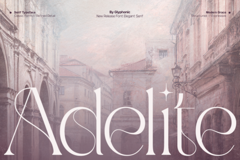 Amelie serif font family preview with classic European architecture background