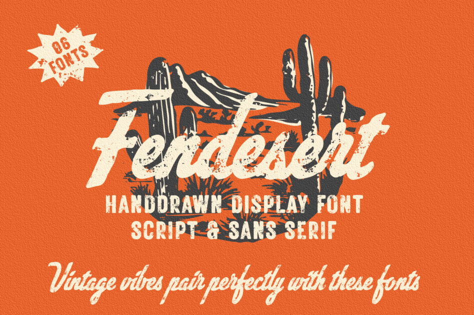 Retro western font bundle with desert cacti, rough textures, script lettering on bright orange background