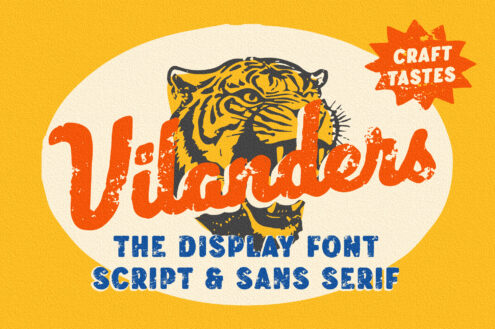 Retro tiger graphic with bold orange script lettering, distressed texture, blue sans serif subtext on yellow background