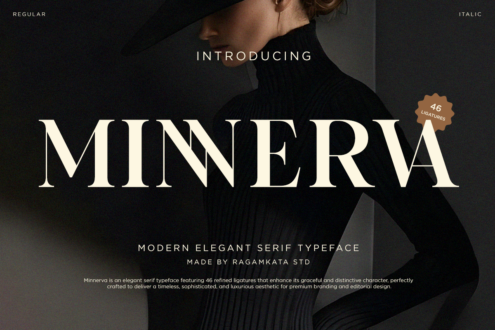 Minerva serif typeface display with 46 ligatures, elegant character shown over moody dark portrait