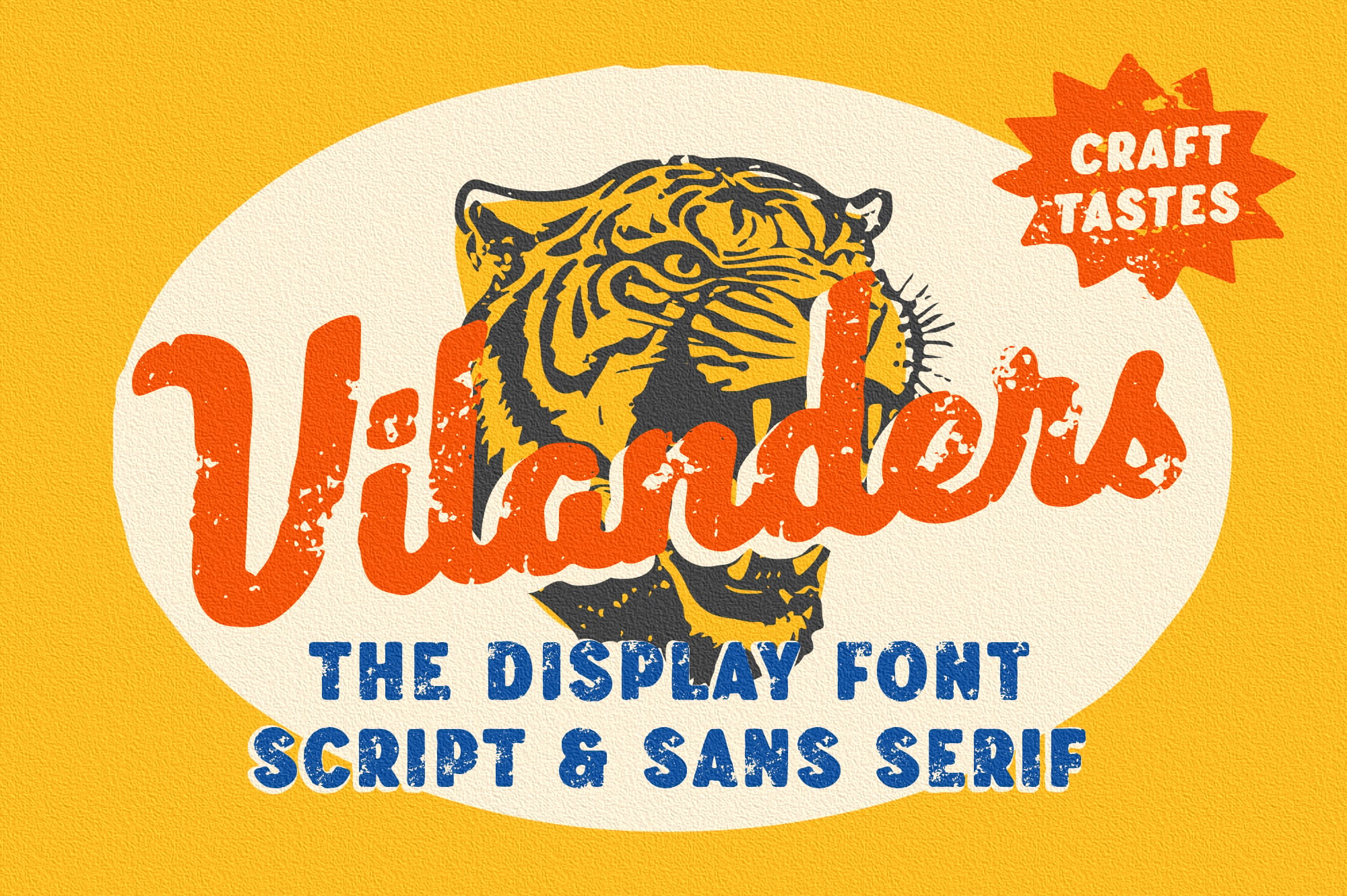 Retro tiger graphic with bold orange script lettering, distressed texture, blue sans serif subtext on yellow background