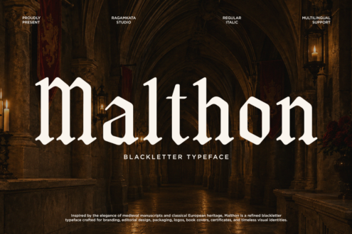 Malthon blackletter typeface displayed in cathedral interior with elegant white lettering