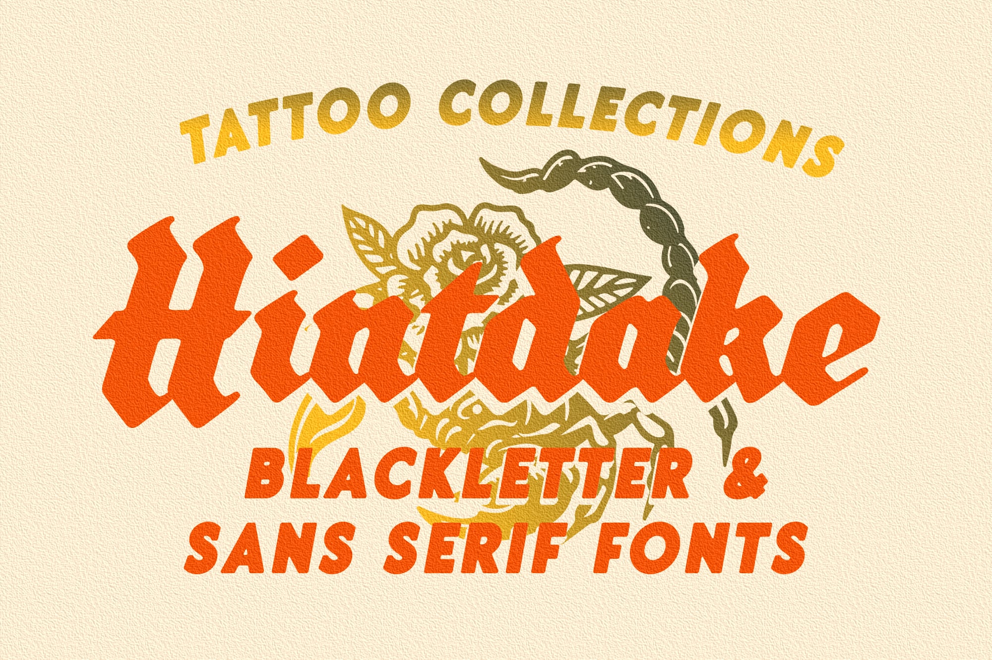 Vintage tattoo flash artwork with bold orange lettering, gold rose illustration, twisted rope border on cream background