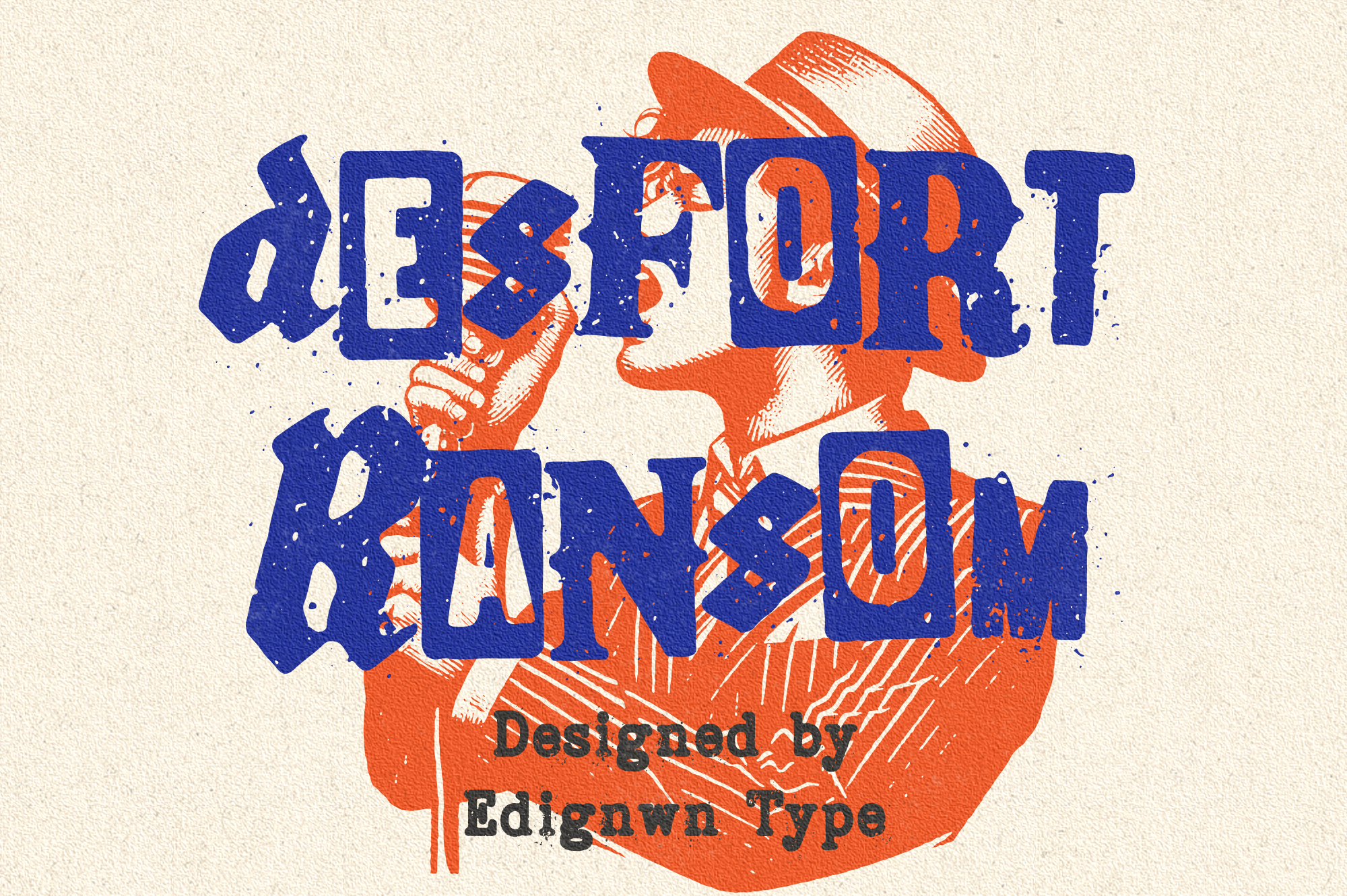 Desert Ransom poster with bold blue letters, orange cowboy illustration, vintage texture throughout