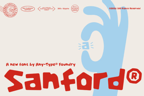 Sanford font by Any-Type with red chunky letters, blue hand gesture, multilingual support badges on cream background