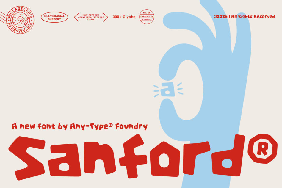 Sanford font by Any-Type with red chunky letters, blue hand gesture, multilingual support badges on cream background