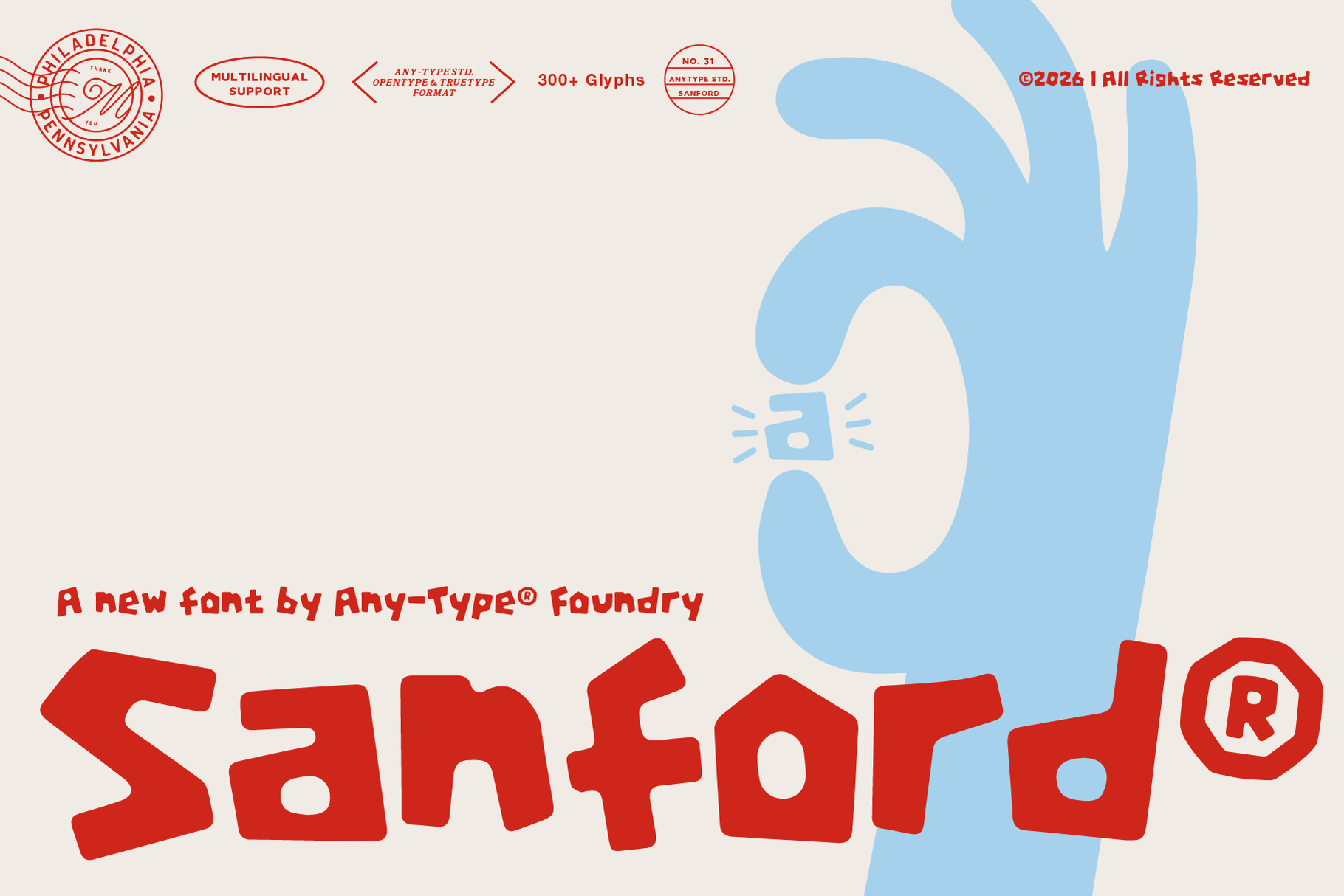Sanford font by Any-Type with red chunky letters, blue hand gesture, multilingual support badges on cream background