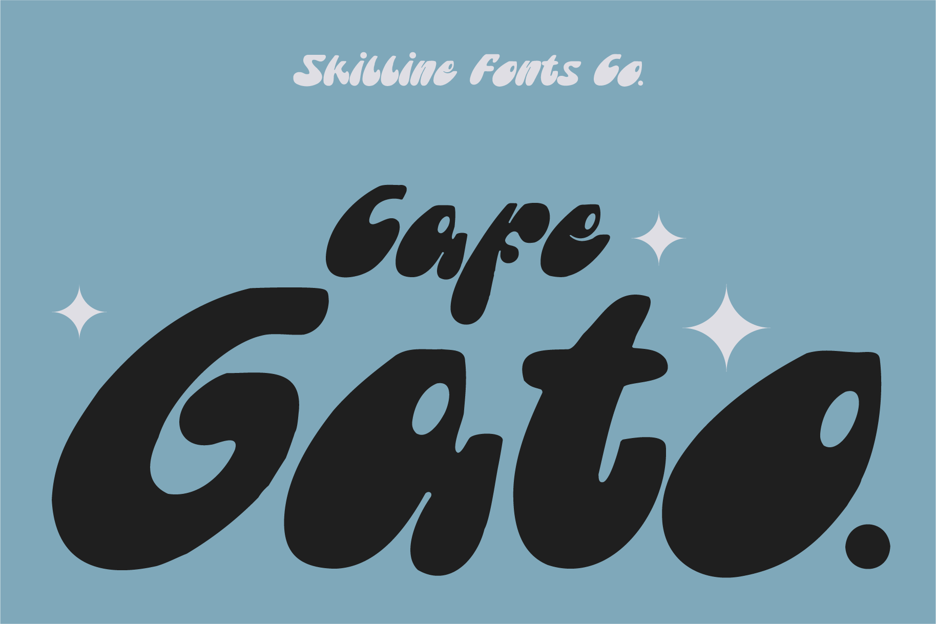 Skillline Fonts Co. branding mockup with chunky black italic lettering on soft blue background