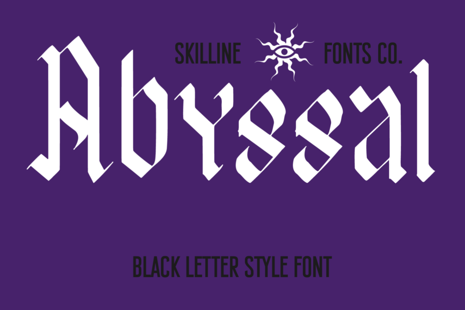 Abyssal gothic blackletter font with sharp angular cuts on deep purple background