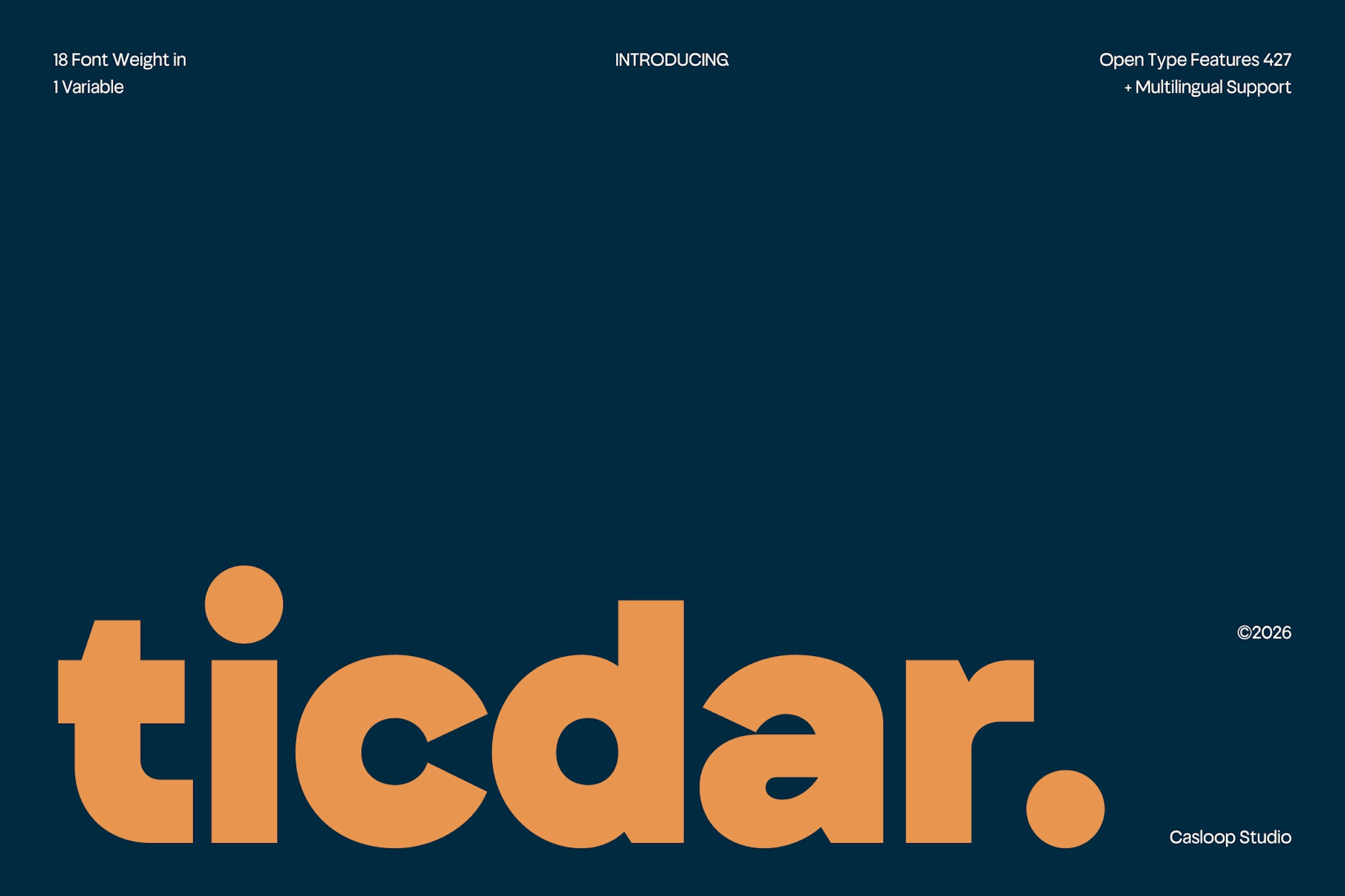 Ticdaf font family display showing 18 weights in variable format with multilingual support on dark teal background
