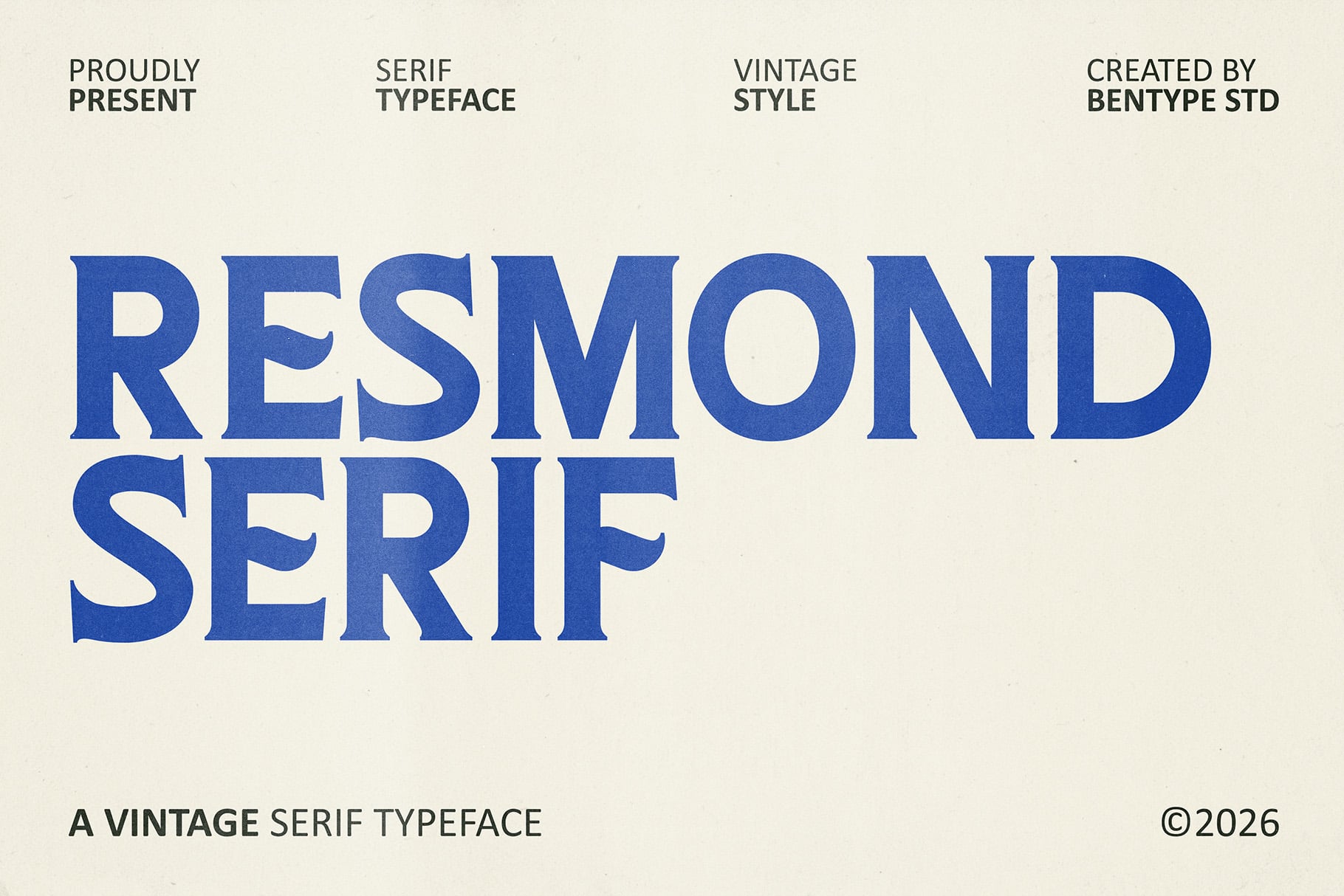 Resmond Serif vintage typeface in bold blue on cream background showing font preview
