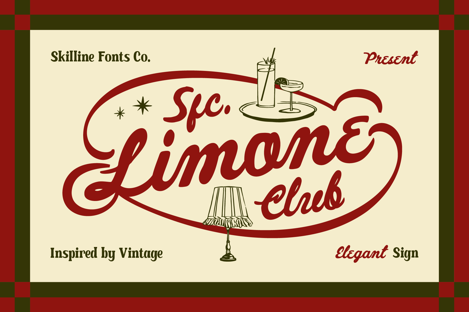 Retro speakeasy sign with cursive red lettering, cocktail illustrations, vintage 1920s vibe