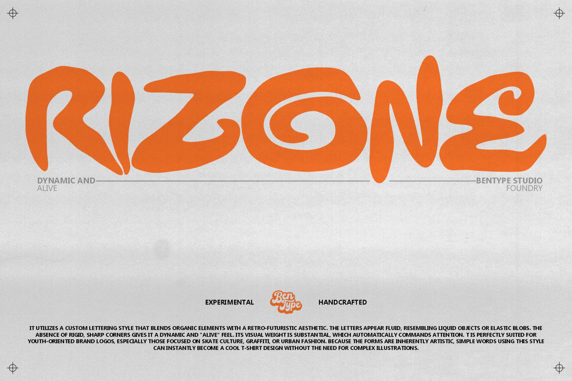 Rizone typeface with flowing organic letterforms in vibrant orange