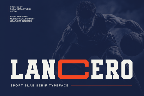 Lancero sport slab serif typeface specimen with basketball player dribbling ball background