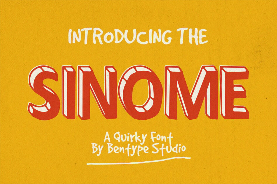 Sinome font with bold red 3D letters on mustard yellow background by Bentype
