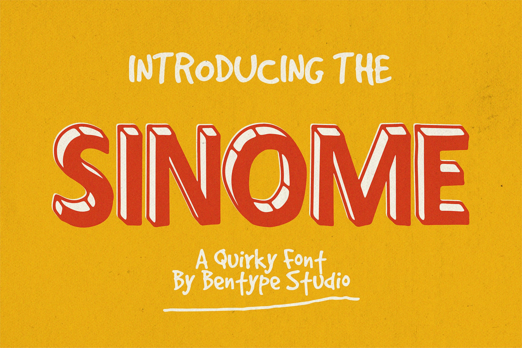 Sinome font with bold red 3D letters on mustard yellow background by Bentype