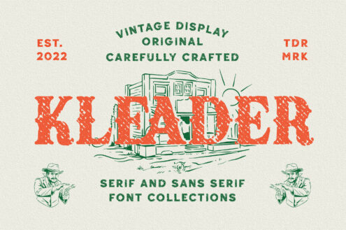 Retro western typography graphic with distressed red letters, green line art building, cowboys, established 2022 branding