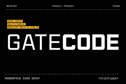 Gatecode typeface specimen sheet displaying sans serif font in regular, bold, italic weights