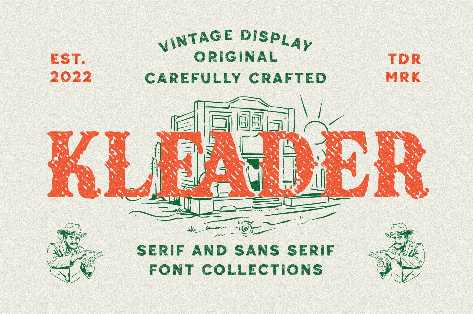 Retro western typography graphic with distressed red letters, green line art building, cowboys, established 2022 branding
