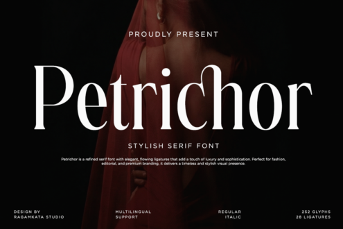 Petrichor serif font display on dark burgundy background with elegant typography showcase