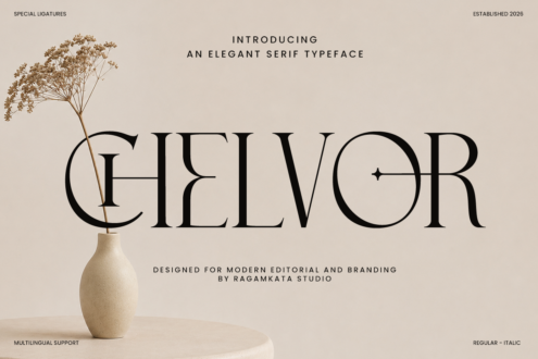 Beige serif font showcase Chelvor with dried botanical stem in cream vase, modern elegant display