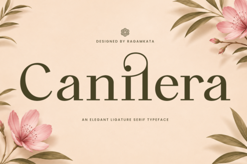 Canlera serif typeface with elegant ligatures on cream background with pink flowers
