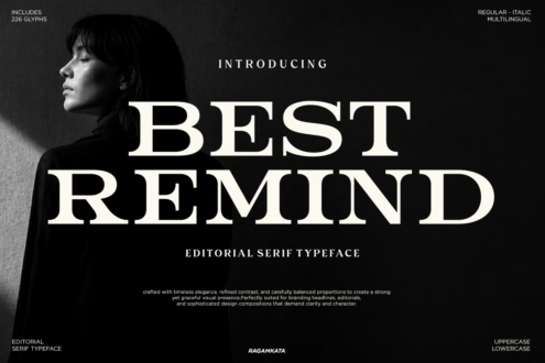 Best Remind serif typeface specimen showing uppercase, lowercase with profile portrait on dark background