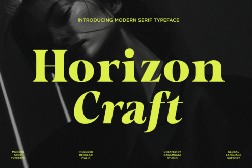 Horizon Craft modern serif font intro showing large yellow typography on moody portrait