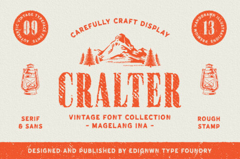 Vintage craft display with orange letterpress typography, mountain landscape, lanterns, circular badges with serif plus sans fonts, rough stamp texture throughout