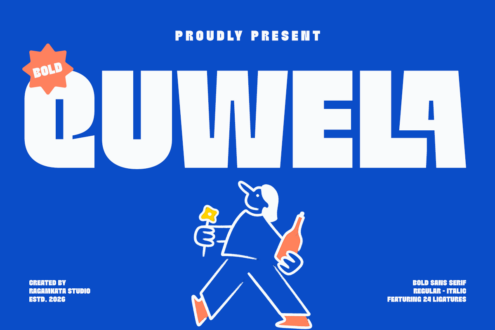Quwela bold font display on blue background with illustrated character holding bottle, star badge, white lettering
