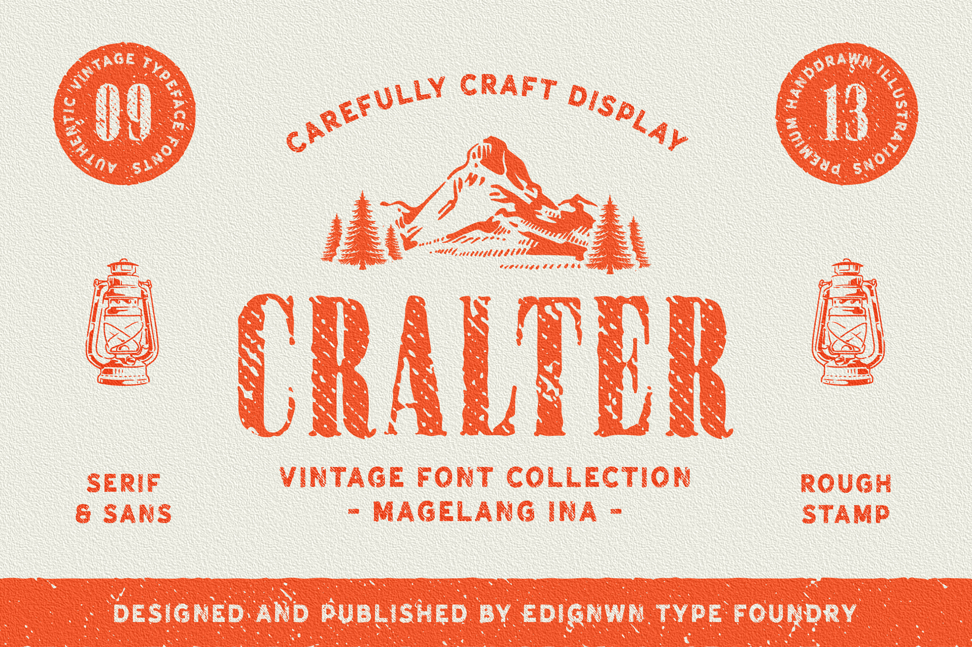 Vintage craft display with orange letterpress typography, mountain landscape, lanterns, circular badges with serif plus sans fonts, rough stamp texture throughout