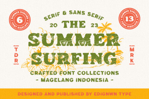 Summer Surfing retro font display with tropical palms, serif sans serif styles in green