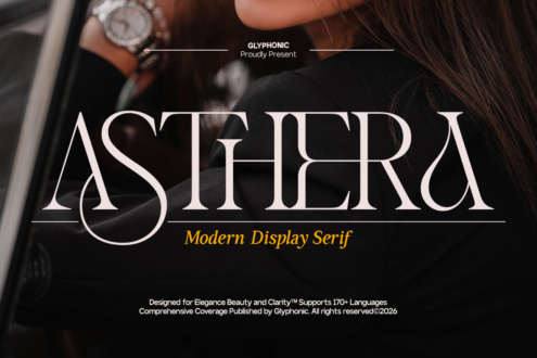 Asthera serif font display on dark background with woman wearing watch, modern serif typeface