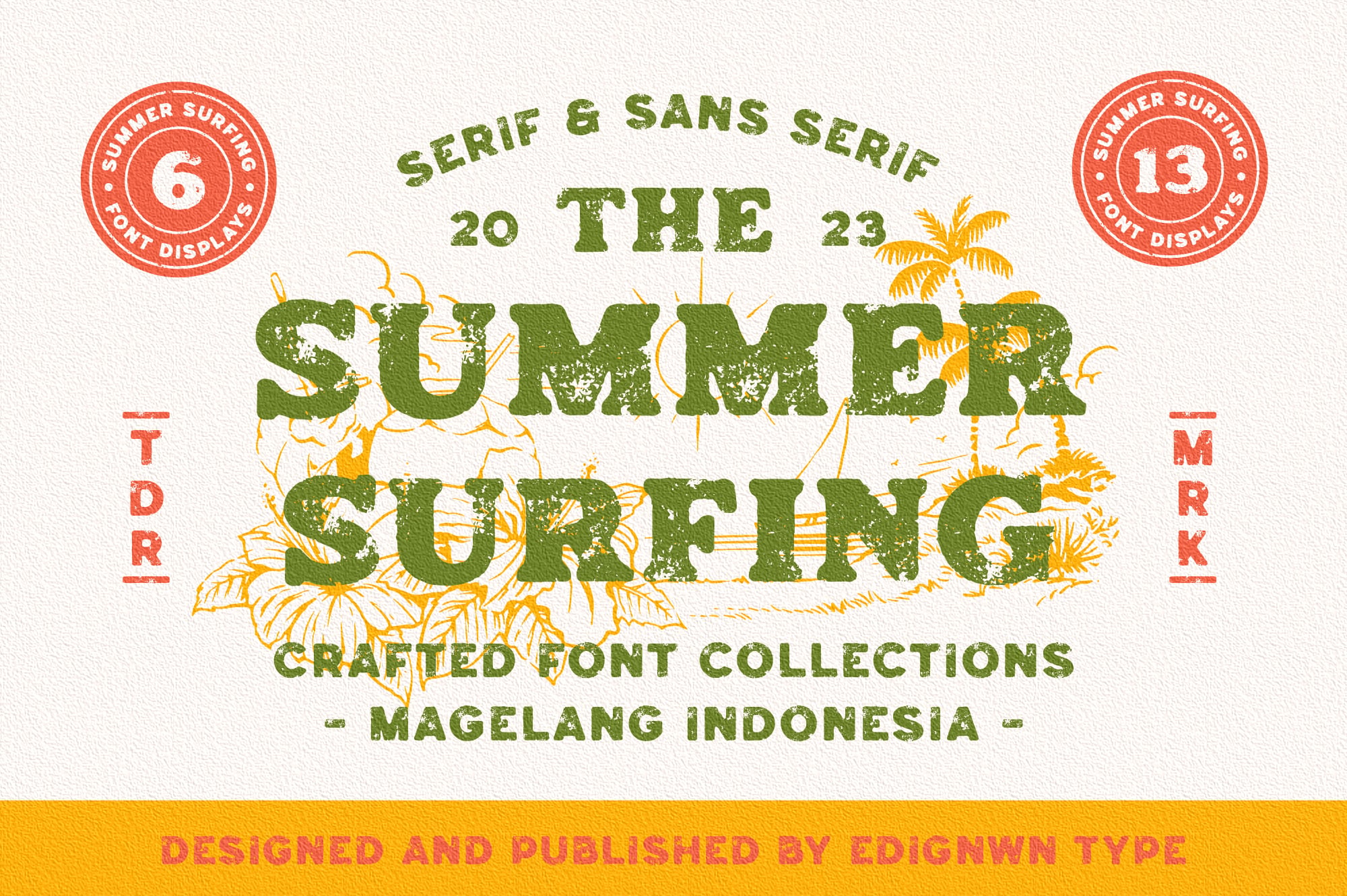 Summer Surfing retro font display with tropical palms, serif sans serif styles in green