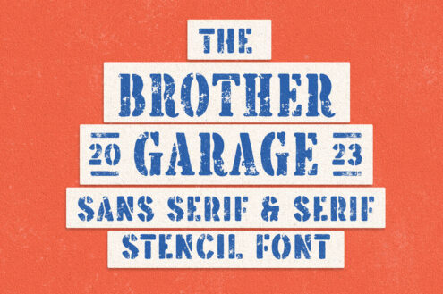 Stacked vintage stencil font with distressed blue letters on burnt orange textured background