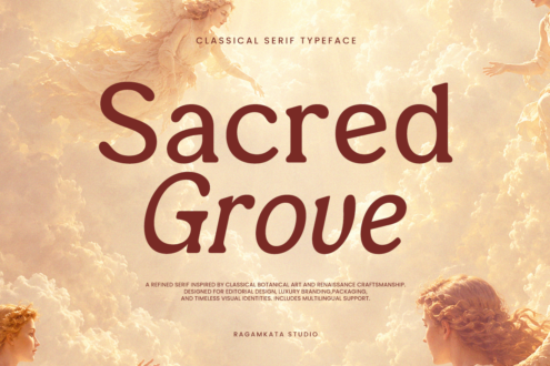 Sacred Grove serif font display on renaissance cherub background with gold lettering