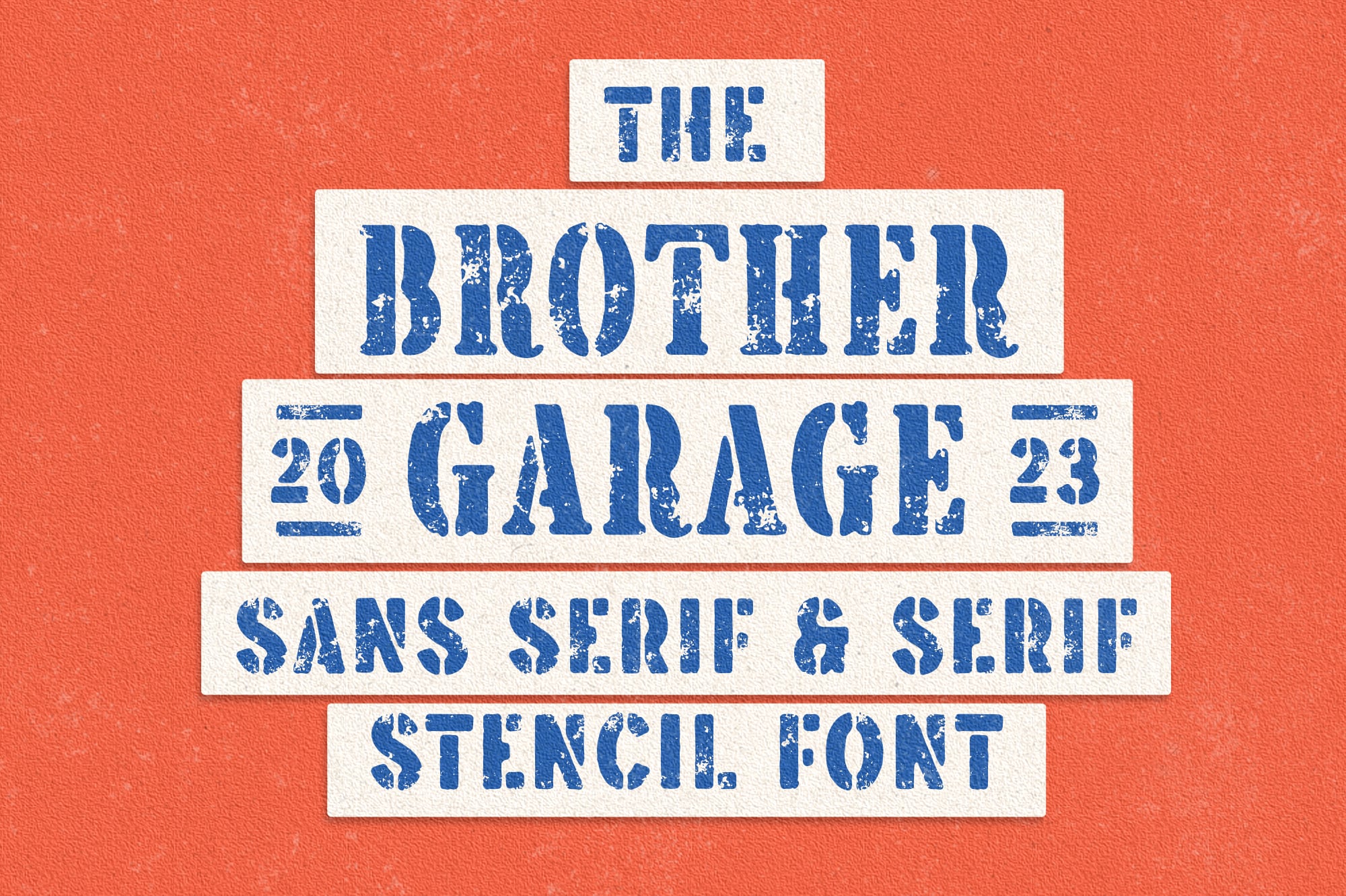 Stacked vintage stencil font with distressed blue letters on burnt orange textured background