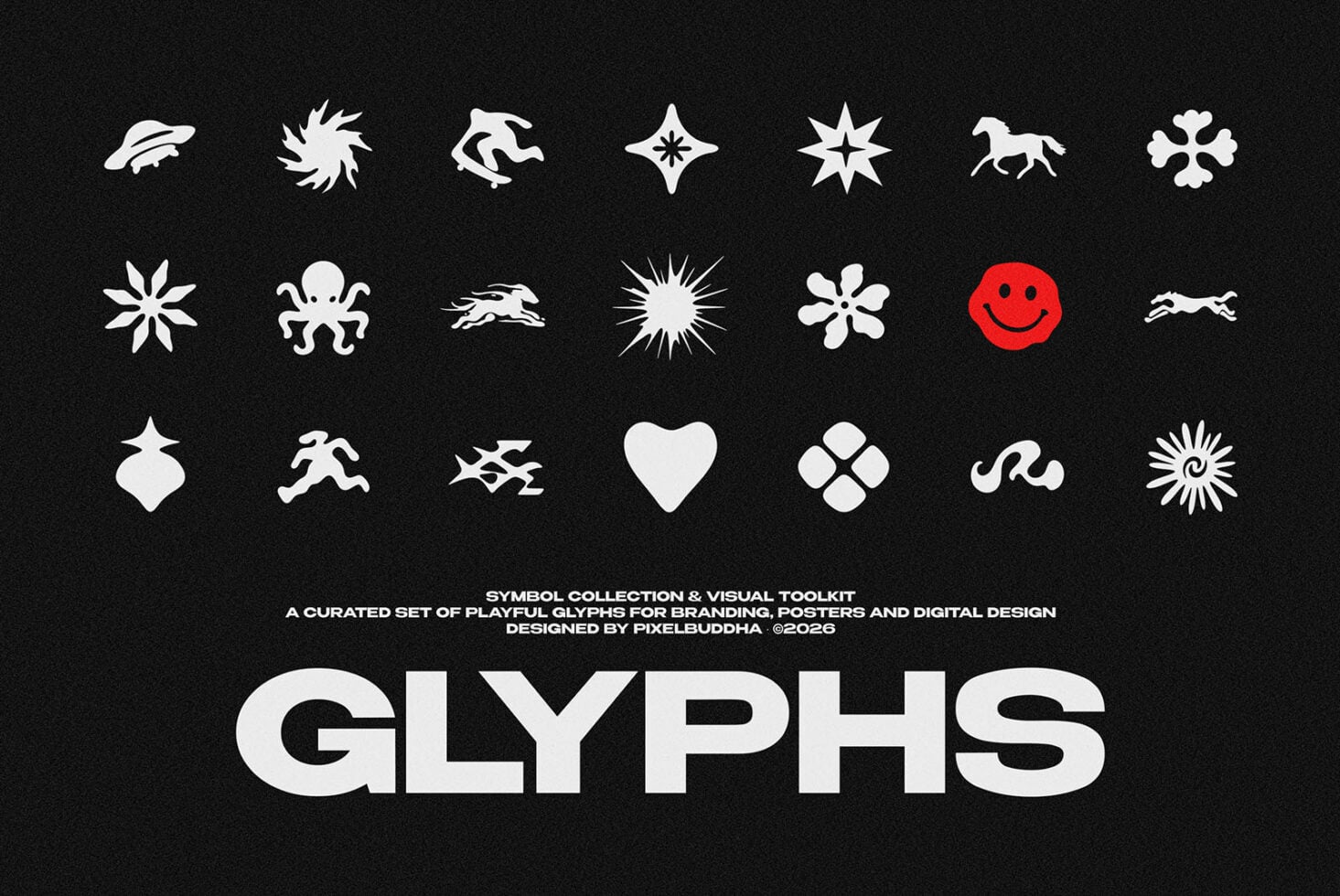 Playful glyph collection with stars, animals, smiley face, hearts, geometric shapes on black