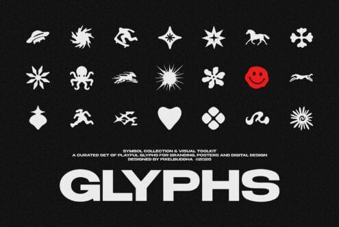 Playful glyph collection with stars, animals, smiley face, hearts, geometric shapes on black