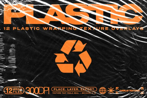 Plastic wrap texture overlays with scratches, creases, stretchy distortion on black with orange accents