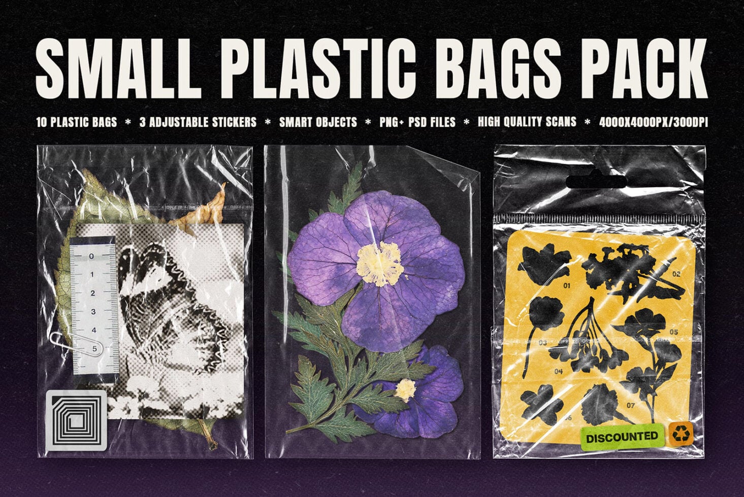 Small plastic bags mockup pack with 10 sealed pouches showing botanical prints, stickers, labels