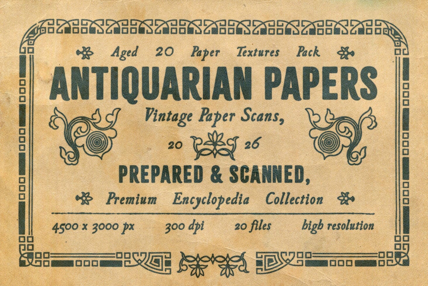 Vintage package label for aged paper textures with ornate border design in teal on tan background