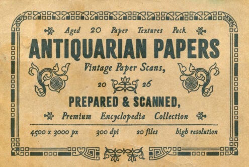 Vintage package label for aged paper textures with ornate border design in teal on tan background