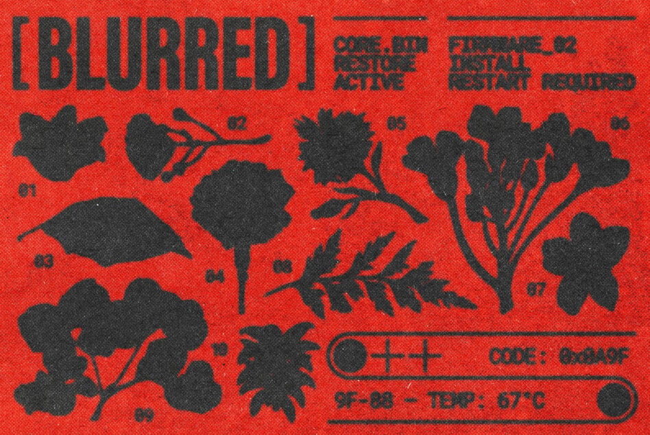 Blurred1 botanical silhouettes guide with numbered plant leaves on bright red texture