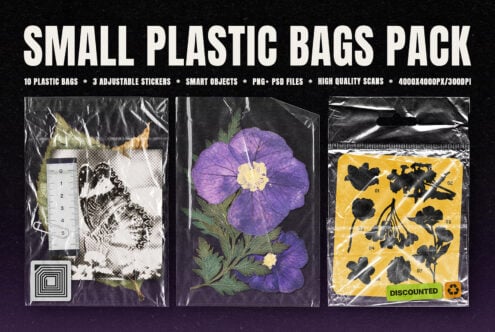 Small plastic bags mockup pack with 10 sealed pouches showing botanical prints, stickers, labels
