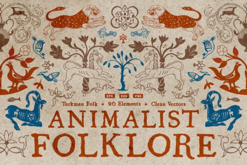 Turkmen folklore pattern with ornate animals, birds, plants in rust, blue, brown on aged paper texture